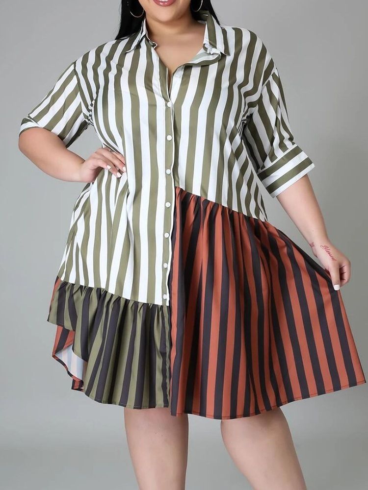 Patchwork Trekvartsermet Kne-Lang Color Block Stripe Plus Size-Kjole