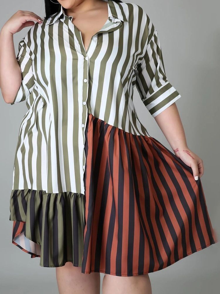 Patchwork Trekvartsermet Kne-Lang Color Block Stripe Plus Size-Kjole