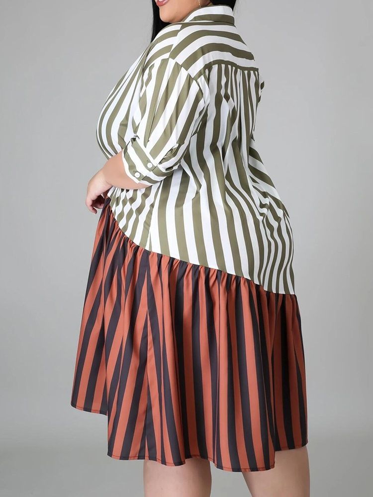 Patchwork Trekvartsermet Kne-Lang Color Block Stripe Plus Size-Kjole