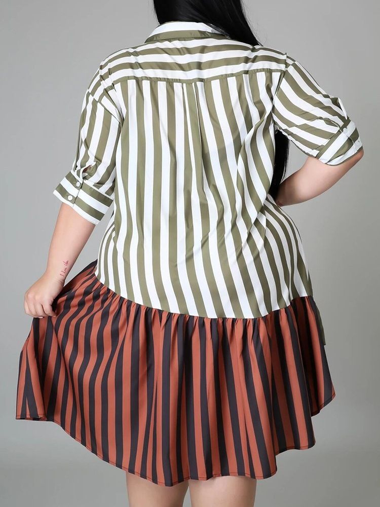 Patchwork Trekvartsermet Kne-Lang Color Block Stripe Plus Size-Kjole