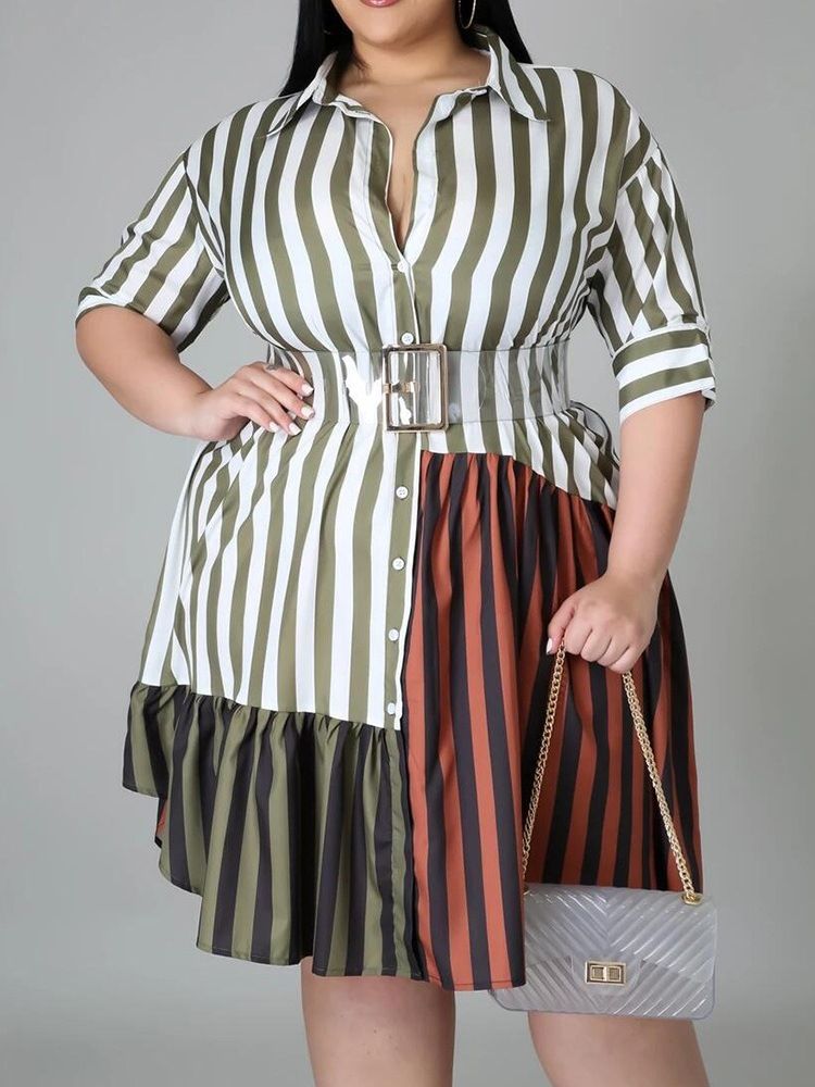 Patchwork Trekvartsermet Kne-Lang Color Block Stripe Plus Size-Kjole