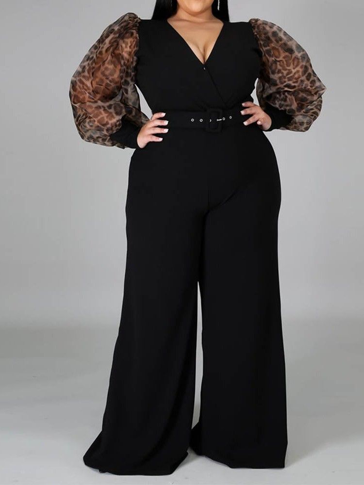 Patchwork Vanlig Full Lengde Løse Brede Ben Dame Jumpsuit Plus Size