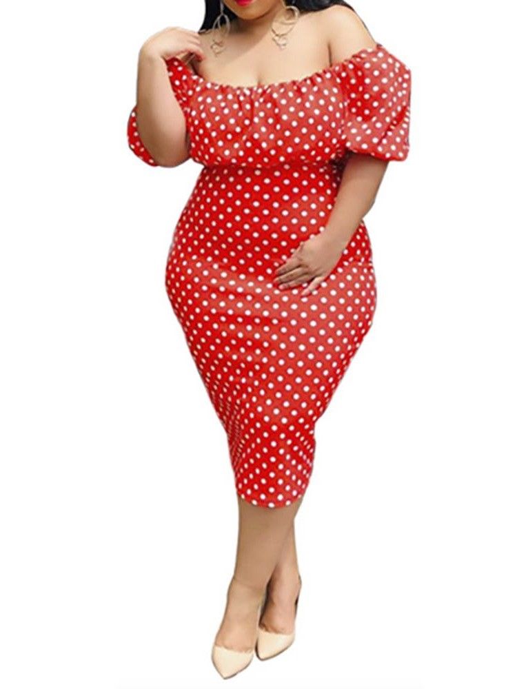 Pencil Off Shoulder Half Sleeve Polka Dots Dress