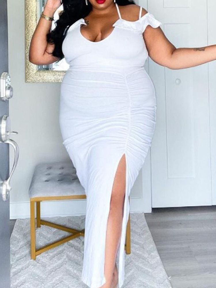 Plissert Kortermet Gulvlengde Bodycon Ensfarget Kjole Plus Size