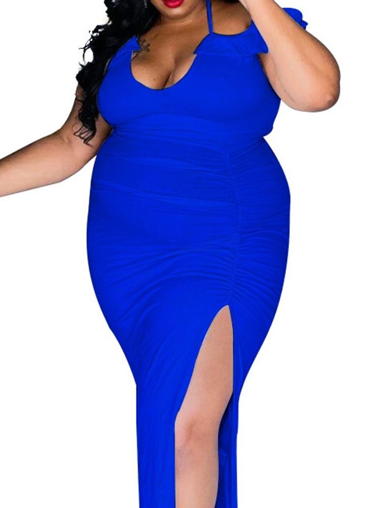 Plissert Kortermet Gulvlengde Bodycon Ensfarget Kjole Plus Size