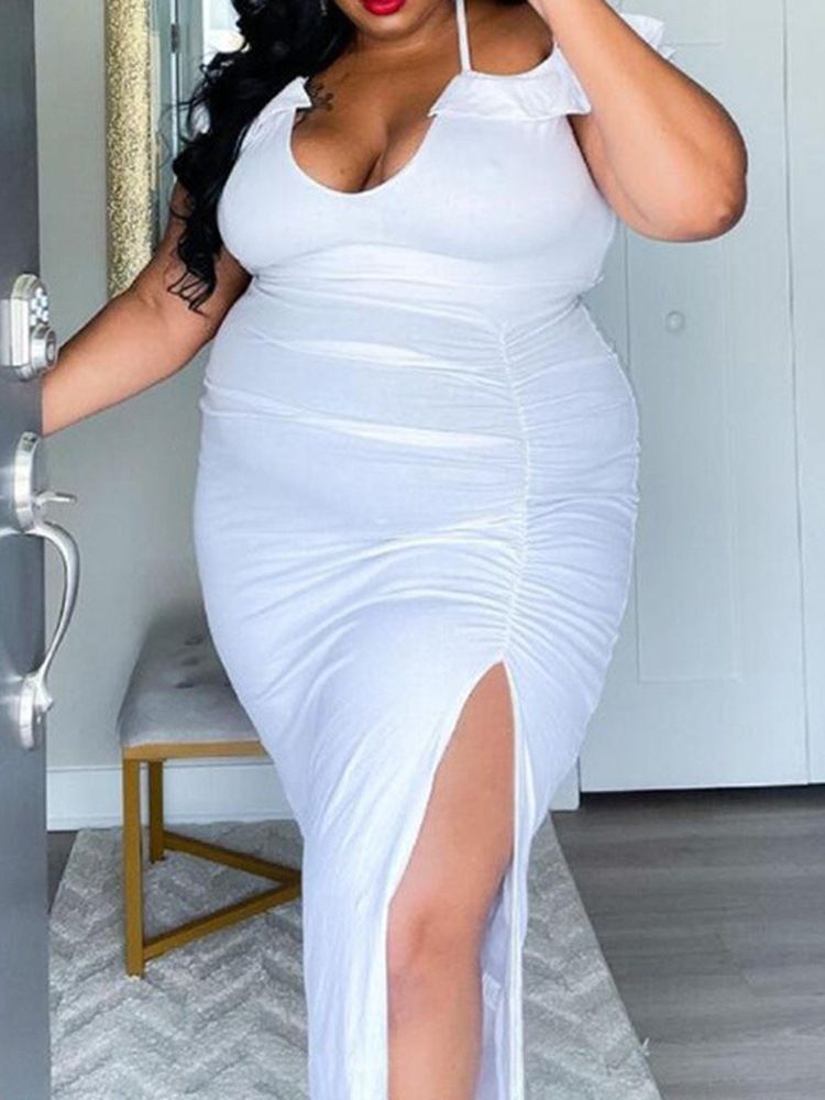 Plissert Kortermet Gulvlengde Bodycon Ensfarget Kjole Plus Size