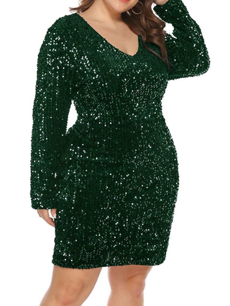 Plus Size Above Knee Langermet Paljetter High Waist Bodycon Dress