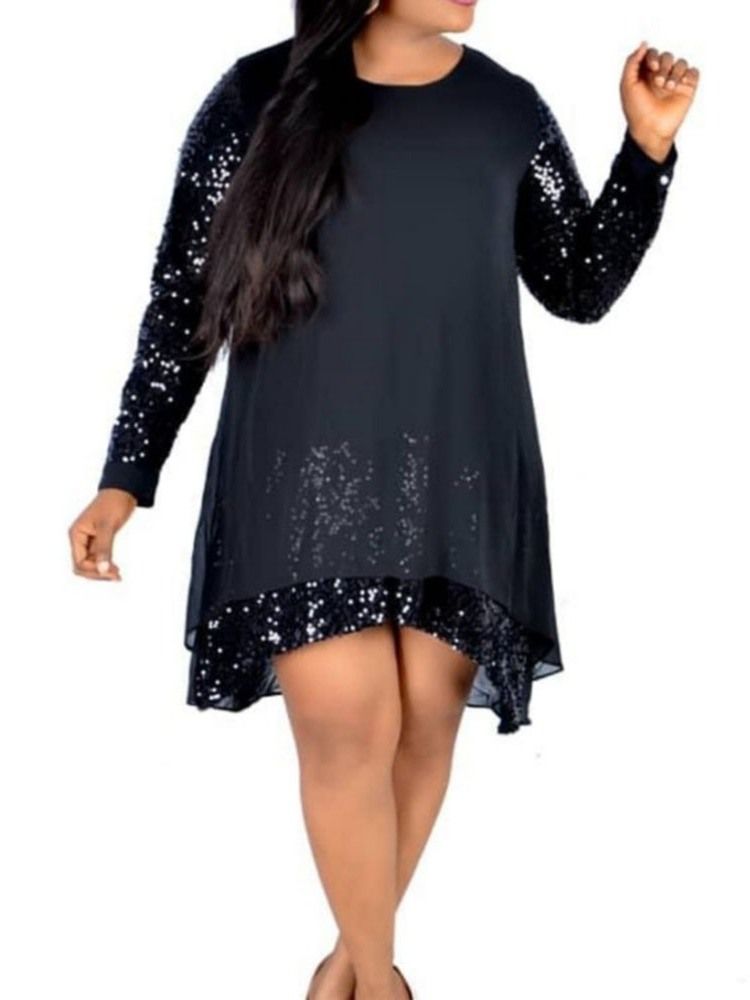 Plus Size Asymmetrisk Patchwork Paljetter Kne-Lengde Kjole