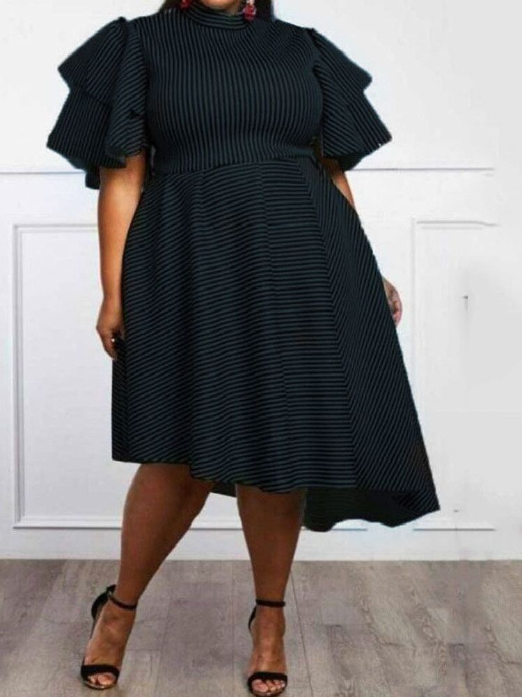 Plus Size Asymmetrisk Ruffles Stripet Ruffle Sleeve Dress