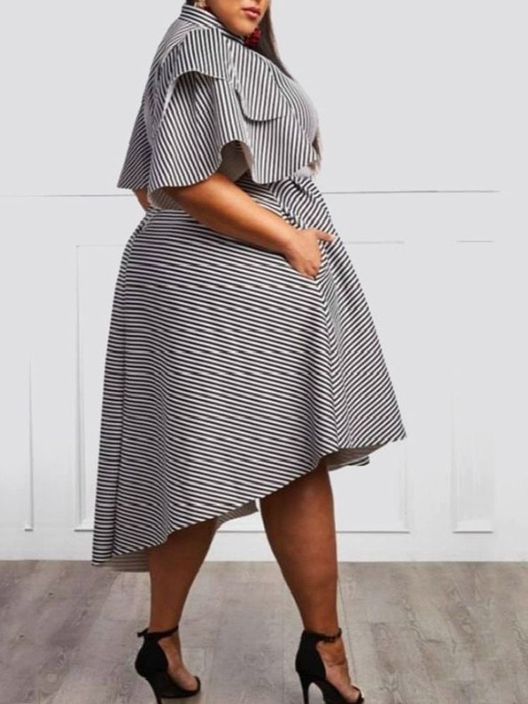 Plus Size Asymmetrisk Ruffles Stripet Ruffle Sleeve Dress