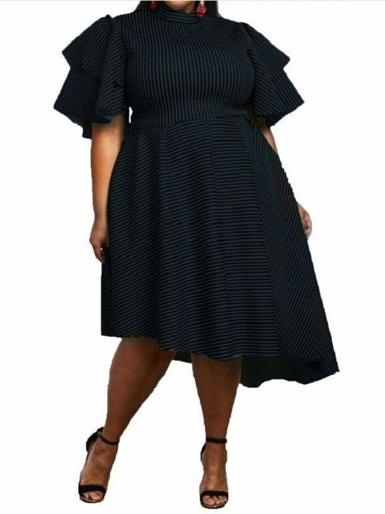 Plus Size Asymmetrisk Ruffles Stripet Ruffle Sleeve Dress