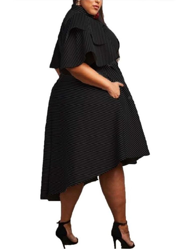 Plus Size Asymmetrisk Ruffles Stripet Ruffle Sleeve Dress