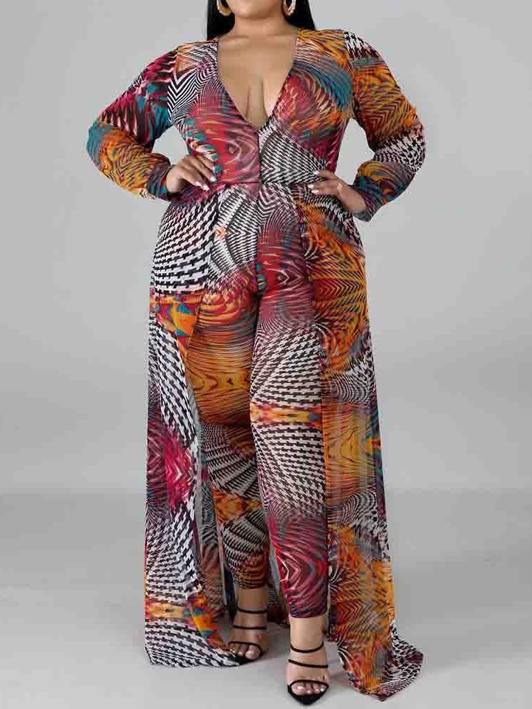 Plus Size Color Block Full Lengde Løs Jumpsuit