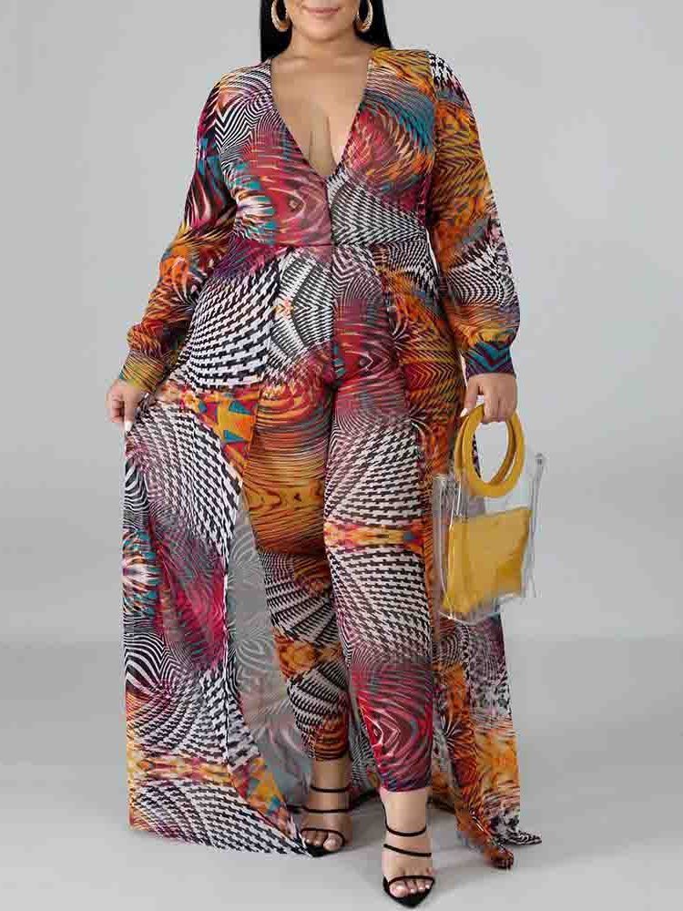 Plus Size Color Block Full Lengde Løs Jumpsuit