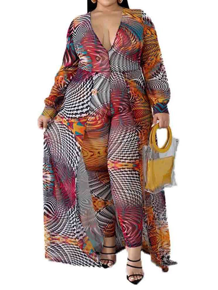 Plus Size Color Block Full Lengde Løs Jumpsuit