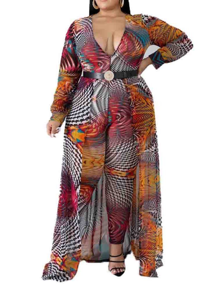 Plus Size Color Block Full Lengde Løs Jumpsuit