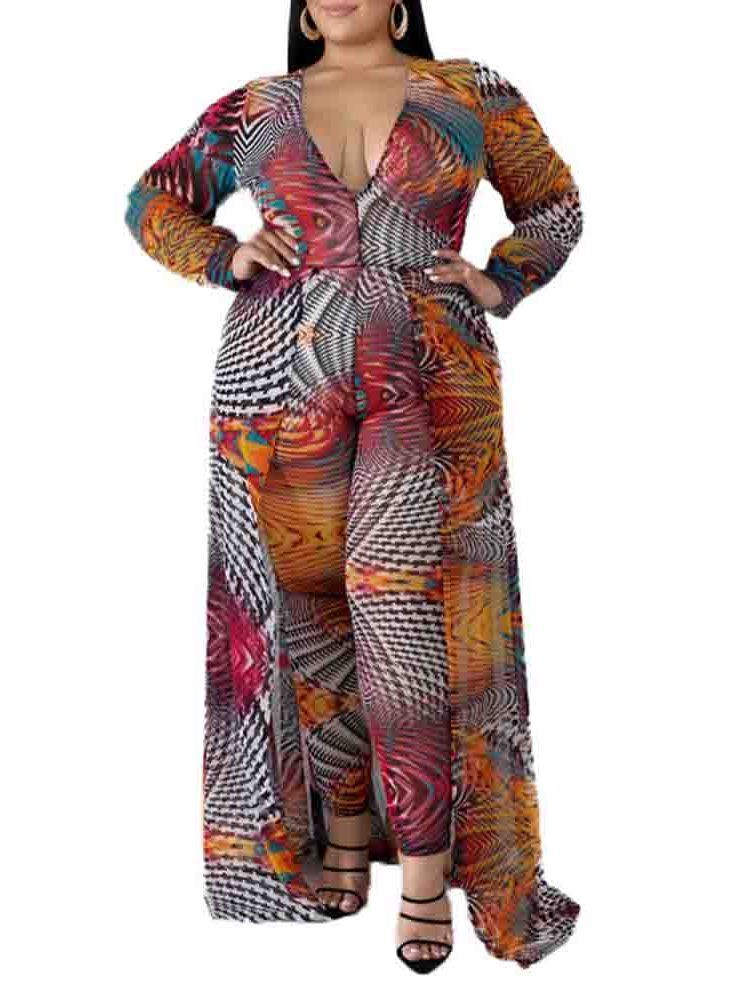 Plus Size Color Block Full Lengde Løs Jumpsuit