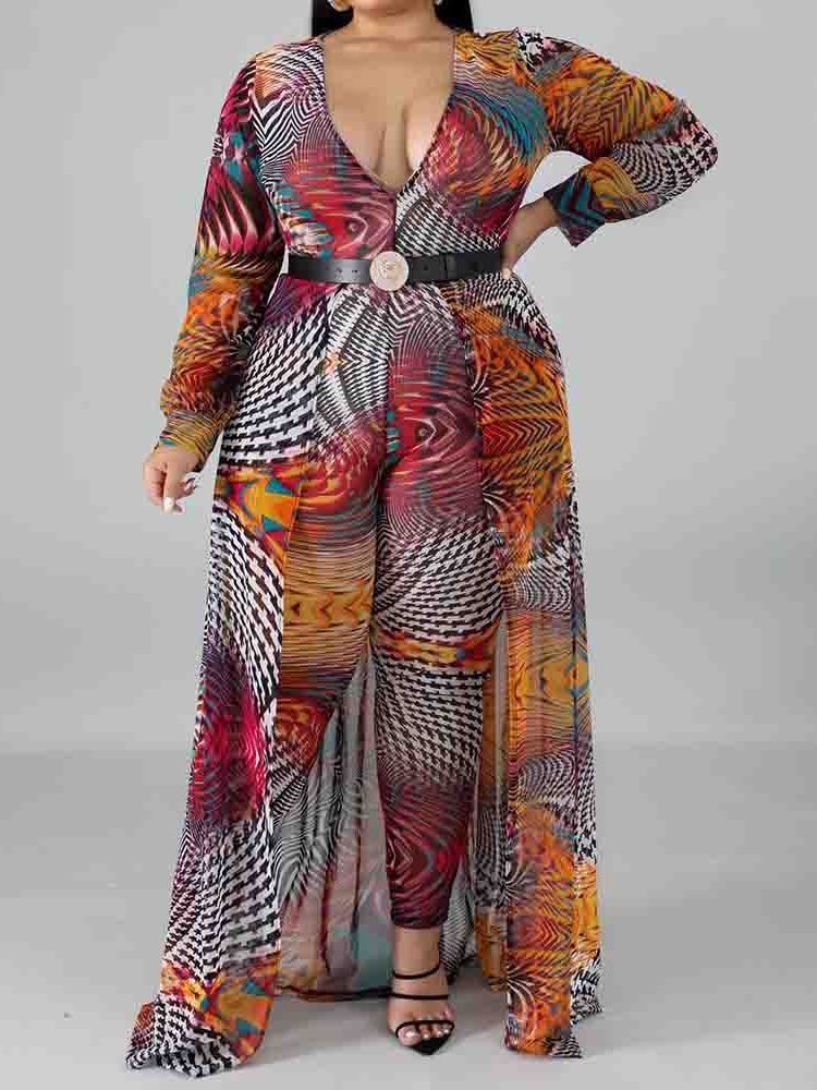 Plus Size Color Block Full Lengde Løs Jumpsuit