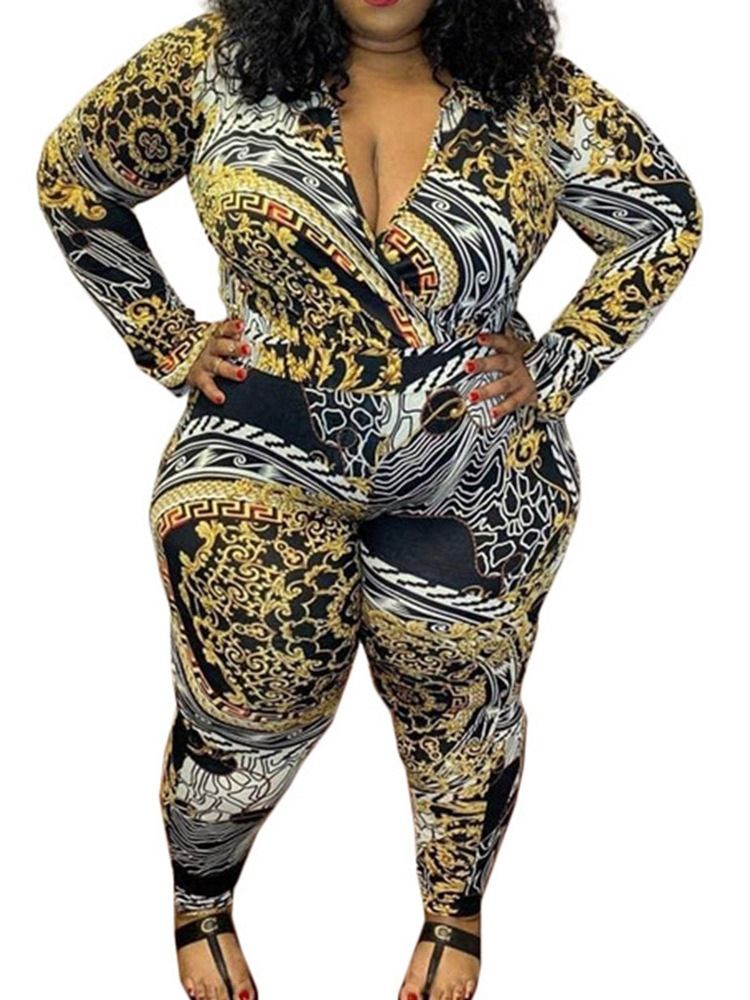 Plus Size Color Block Full Lengde Print Skinny Jumpsuit Med Høy Midje