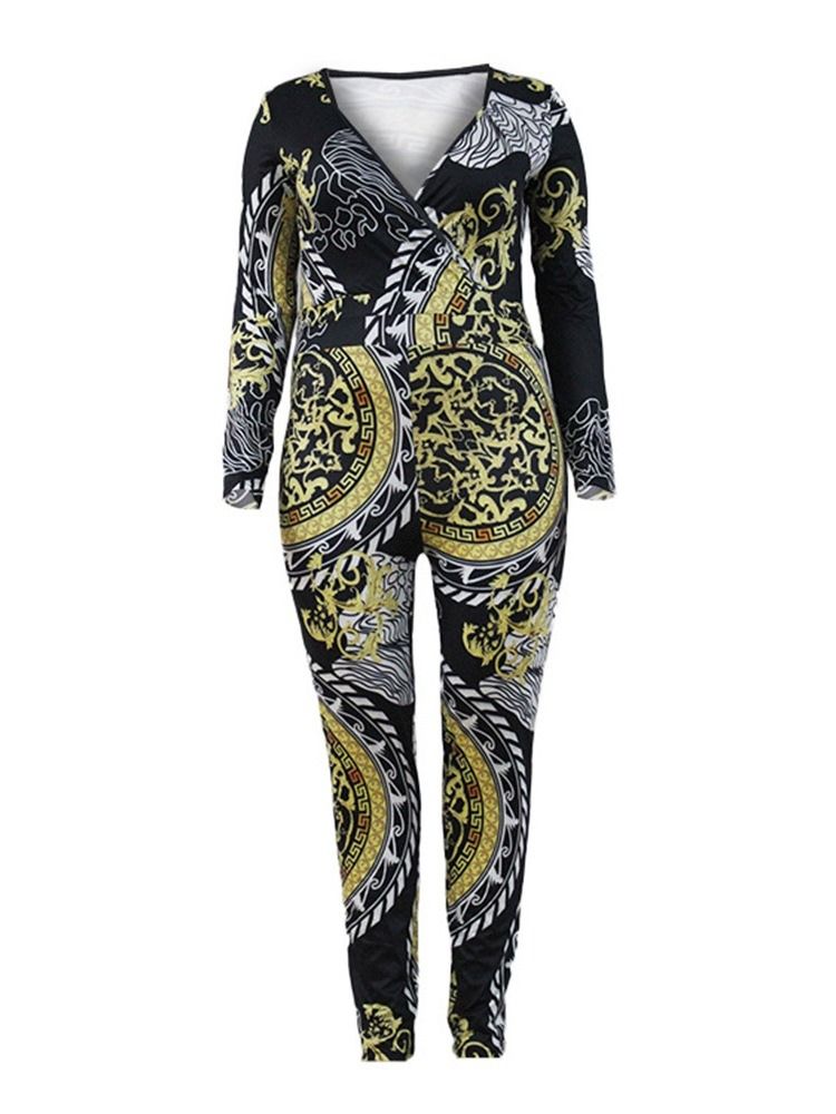 Plus Size Color Block Full Lengde Print Skinny Jumpsuit Med Høy Midje