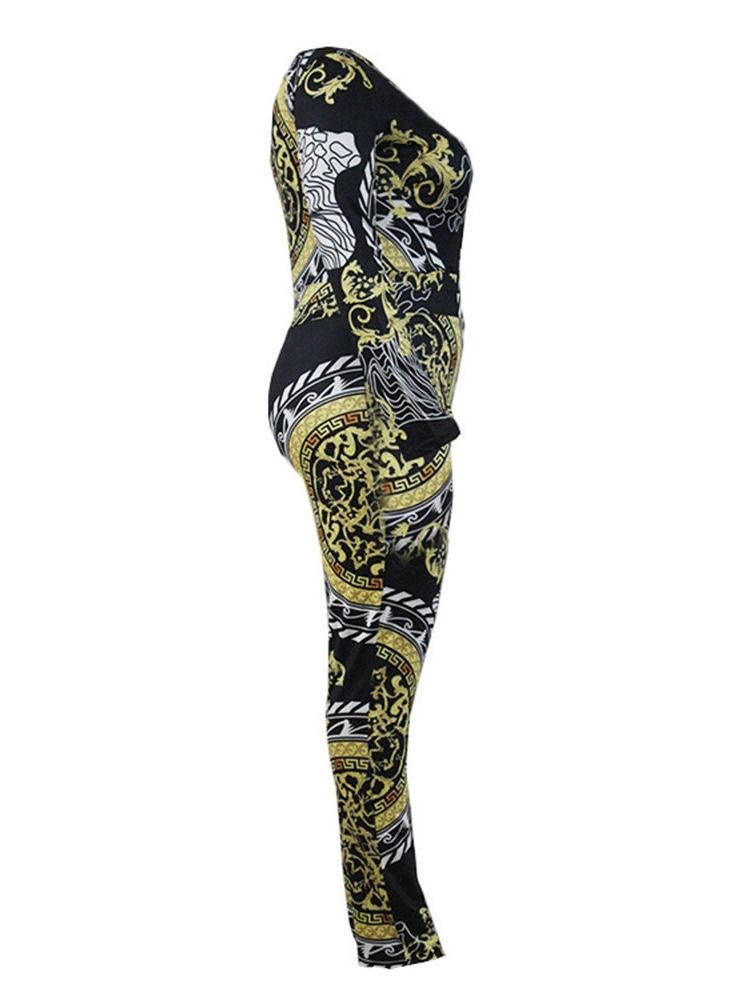 Plus Size Color Block Full Lengde Print Skinny Jumpsuit Med Høy Midje