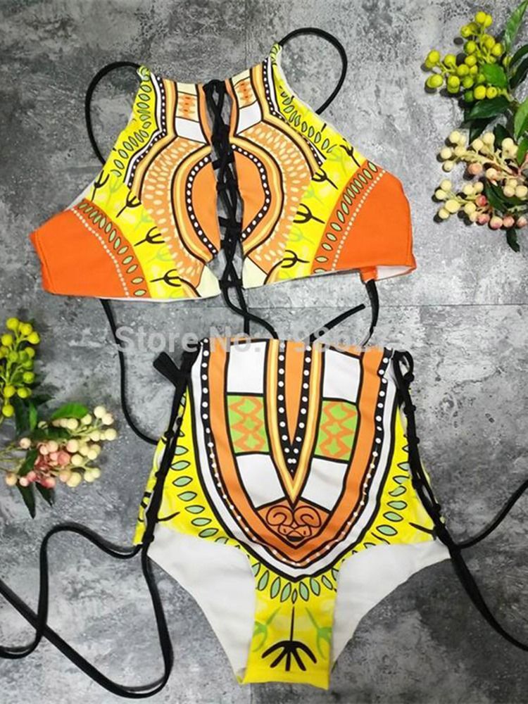 Plus Size Dashiki African Print Hul Høy Midje 2-Stk Bikinidresser