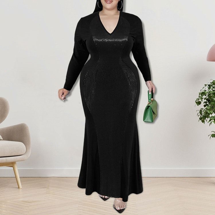 Plus Size Falbala Ankellang V-Hals Fall Pullover Maxi Dress