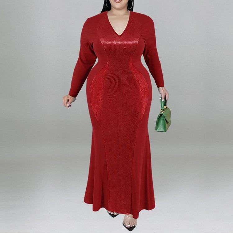 Plus Size Falbala Ankellang V-Hals Fall Pullover Maxi Dress