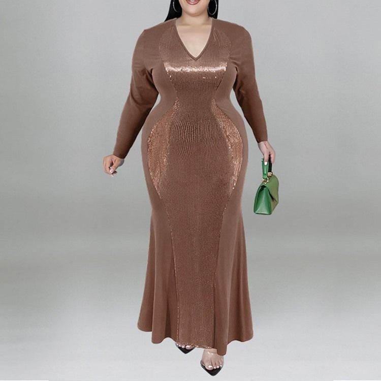 Plus Size Falbala Ankellang V-Hals Fall Pullover Maxi Dress