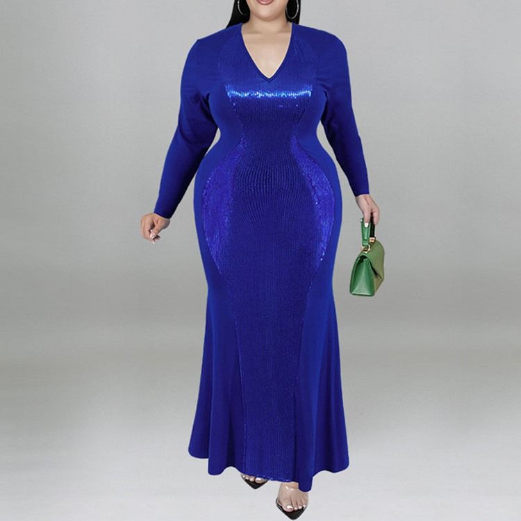 Plus Size Falbala Ankellang V-Hals Fall Pullover Maxi Dress