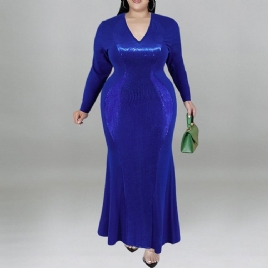 Plus Size Falbala Ankellang V-Hals Fall Pullover Maxi Dress