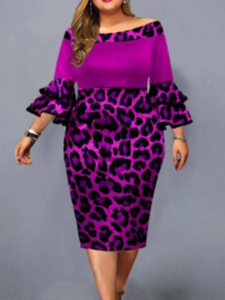 Plus Size Falbala Mid-Calf Off Shoulder Leopard Pullover-Kjole