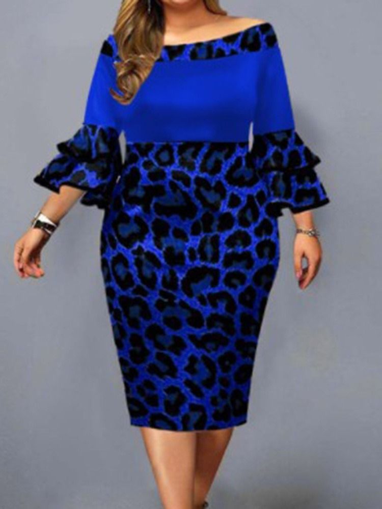 Plus Size Falbala Mid-Calf Off Shoulder Leopard Pullover-Kjole