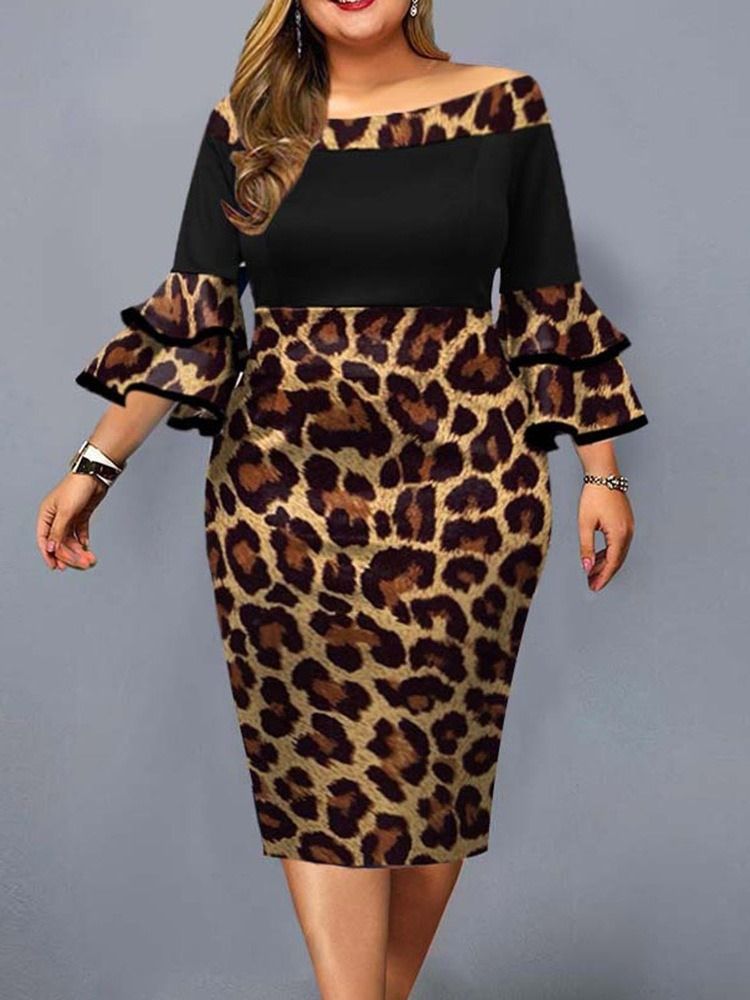 Plus Size Falbala Mid-Calf Off Shoulder Leopard Pullover-Kjole