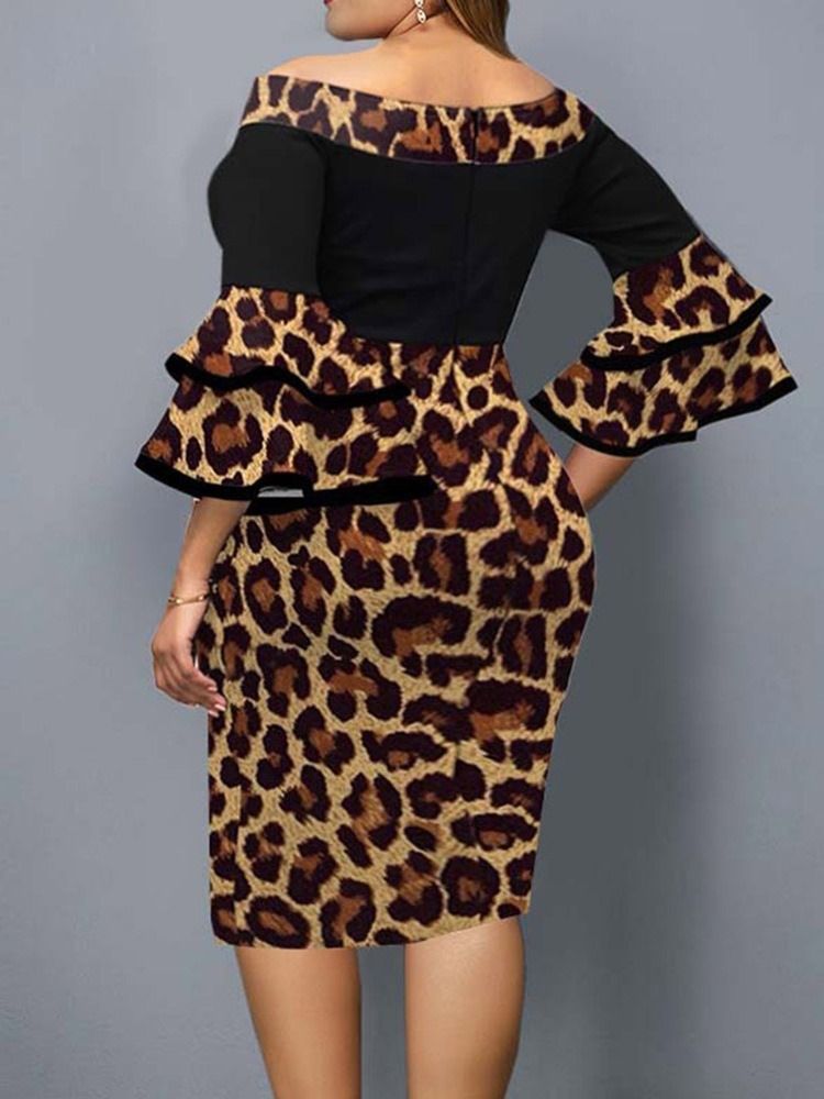 Plus Size Falbala Mid-Calf Off Shoulder Leopard Pullover-Kjole