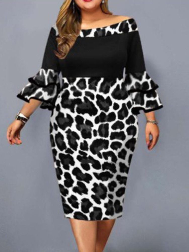 Plus Size Falbala Mid-Calf Off Shoulder Leopard Pullover-Kjole