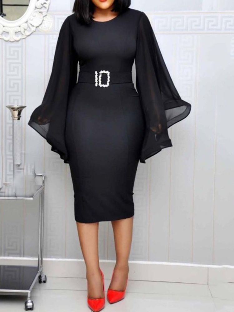 Plus Size Flare Sleeve Pencil Rund Hals Mid-Calf Dress