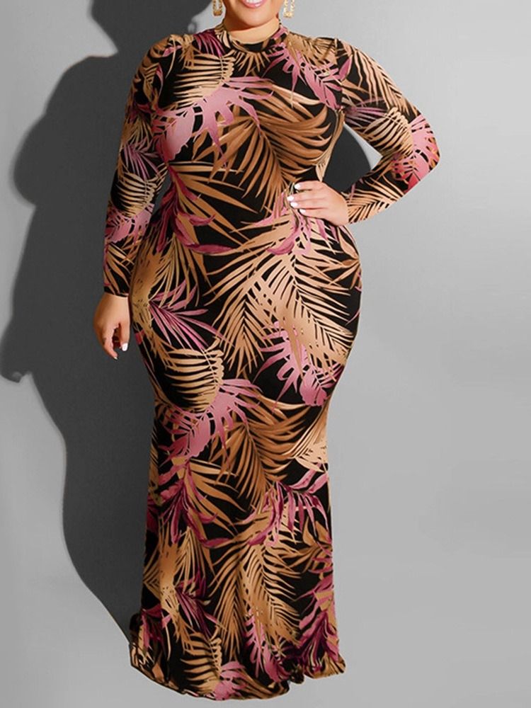 Plus Size Gulvlang Hul Langermet Bodycon Vanlig Kjole