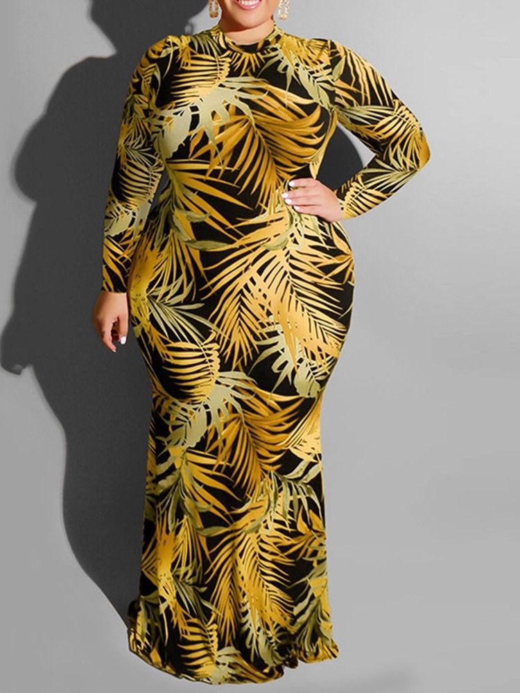 Plus Size Gulvlang Hul Langermet Bodycon Vanlig Kjole