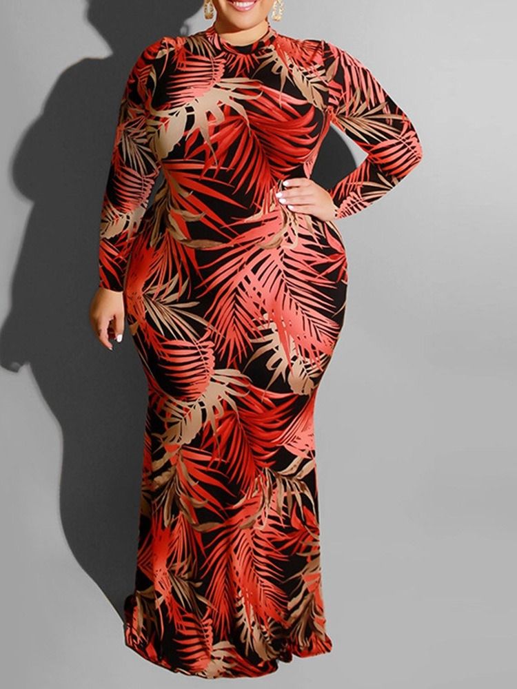 Plus Size Gulvlang Hul Langermet Bodycon Vanlig Kjole