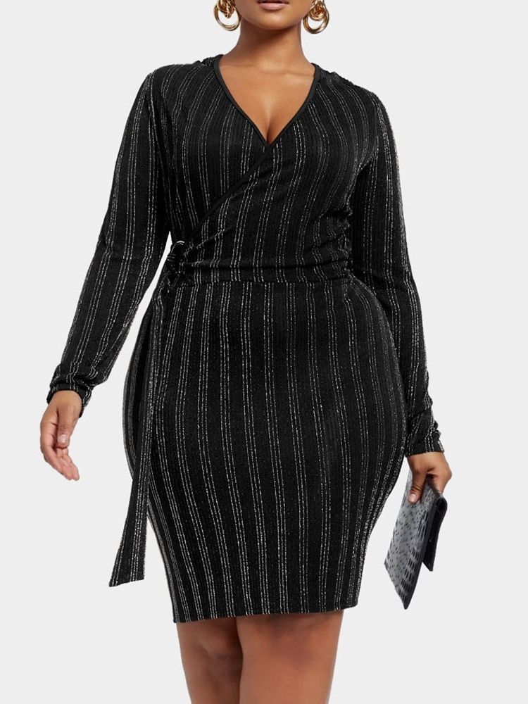 Plus Size Knelang V-Hals Bodycon Pullover Kjole For Kvinner