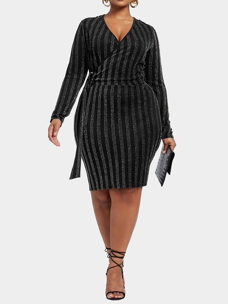 Plus Size Knelang V-Hals Bodycon Pullover Kjole For Kvinner