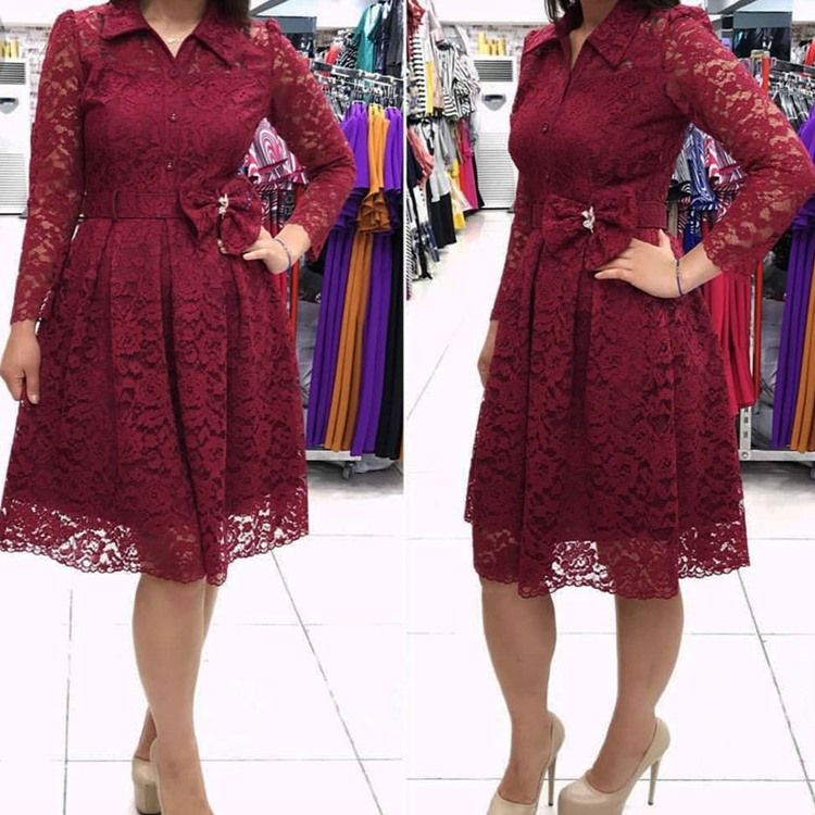 Plus Size Lace Ol Lapel Hollow Bow Mid Waist Dress