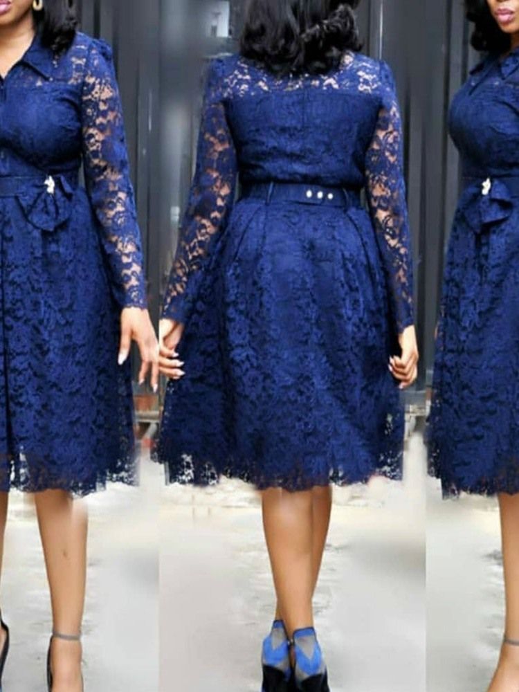 Plus Size Lace Ol Lapel Hollow Bow Mid Waist Dress