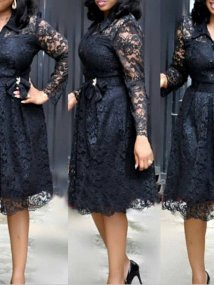 Plus Size Lace Ol Lapel Hollow Bow Mid Waist Dress