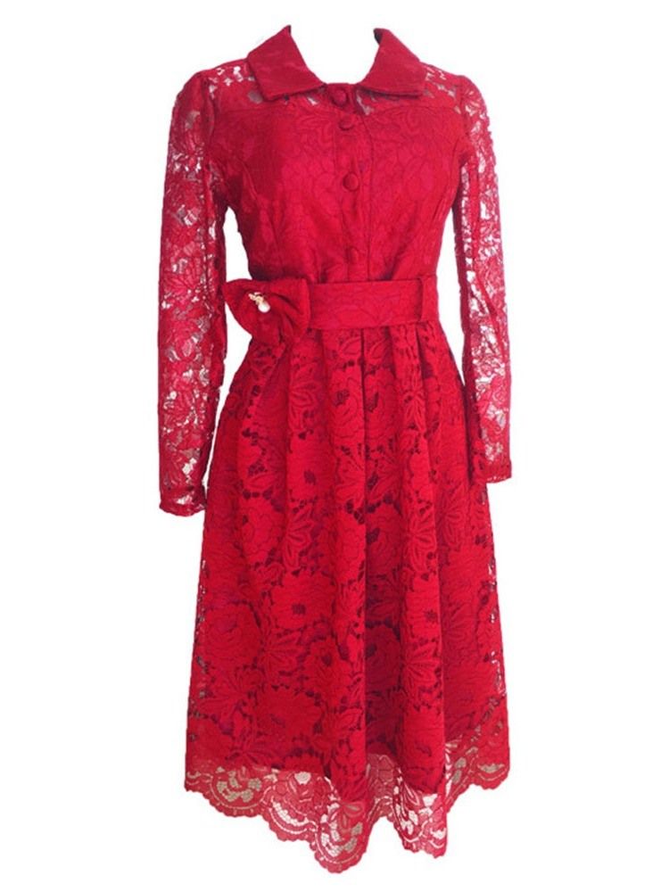 Plus Size Lace Ol Lapel Hollow Bow Mid Waist Dress