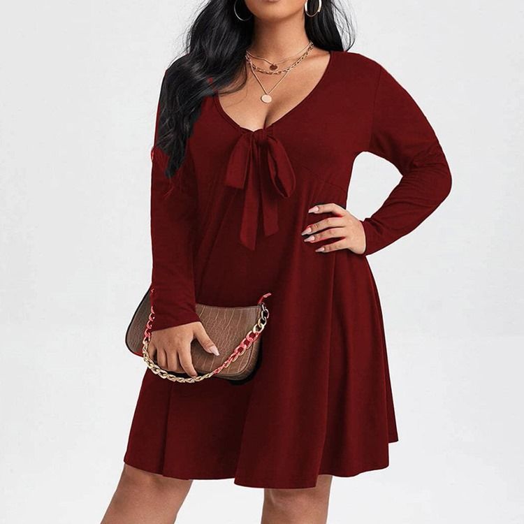 Plus Size Langermet Bowknot Kne-Lang Pullover Vanlig Casual Dress