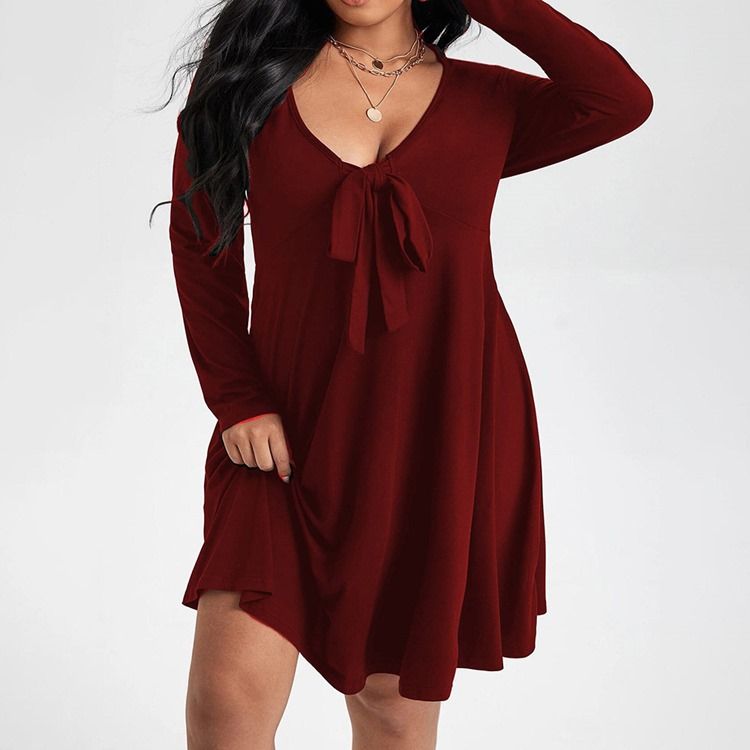 Plus Size Langermet Bowknot Kne-Lang Pullover Vanlig Casual Dress