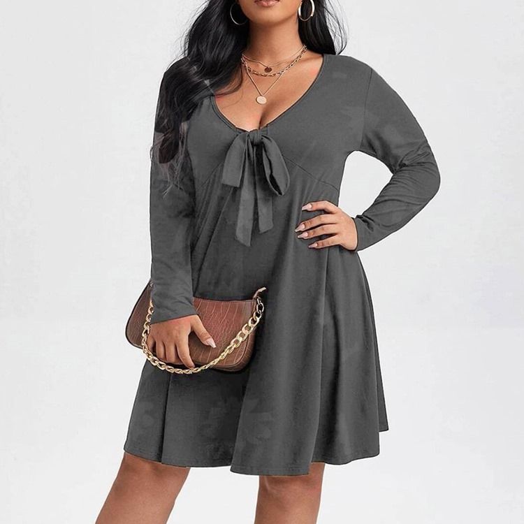 Plus Size Langermet Bowknot Kne-Lang Pullover Vanlig Casual Dress