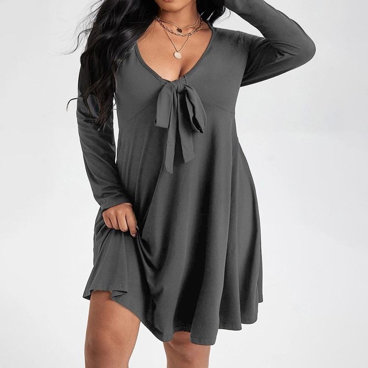 Plus Size Langermet Bowknot Kne-Lang Pullover Vanlig Casual Dress